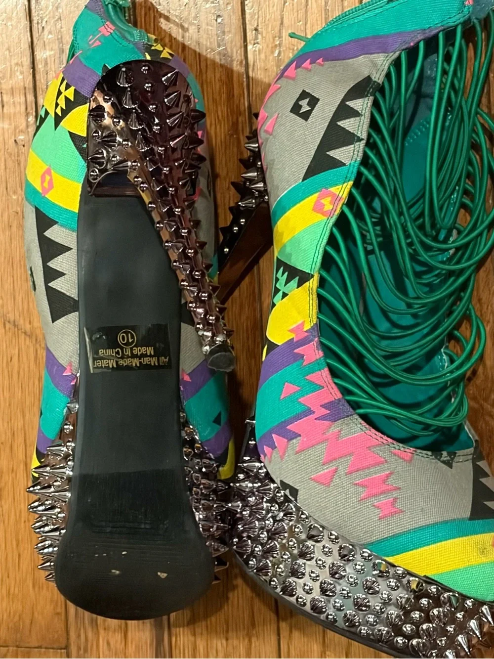 Kush Kouture Spiked Heels, size 10, Green/multi print silver heel - Picture 6 of 11